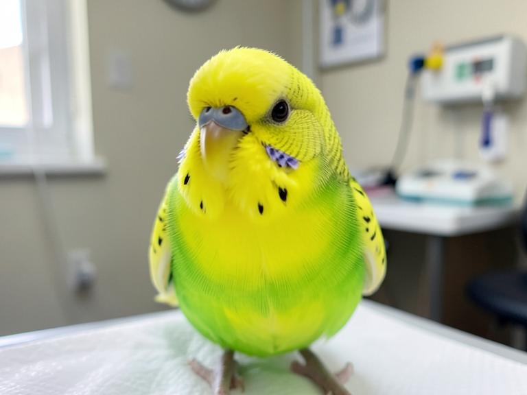 A bright budgie perched calmly during a check-up