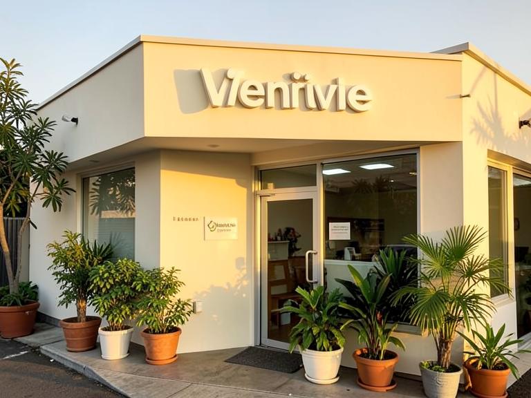 The clinic entrance framed by potted plants